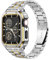 MioHHR Stainless Steel Watch Band with Case Compatible for Apple Watch Bands 45 mm,Rugged Strap with Metal Protective Bumper Cover for iWatch Series 9/8/7 for Men(Silver/Gold)