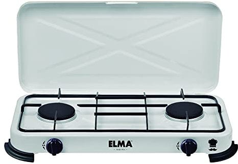 ELMA Cocina de Gas Portátil con 2 Fogones compatible con Gas Butano y Propano I Hornillo de Acampada I Incluye Instrucciones de Montaje I 58x25x5,4cm