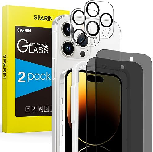 SPARIN 2+2 Stück Sichtschutz Schutzfolie für iPhone 14 Pro Max 2022, mit Rahmen-Installationshilfe, 2 Stück Privacy Folie und 2 Stück Kameraschutz, 9H Härte Displayschutz