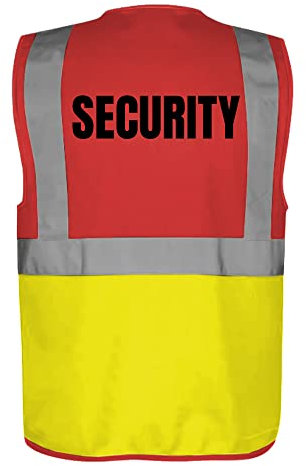 Fassbender-Druck WARNWESTEN - Sicherheitsweste ROT/GELB mit Taschen und Reißverschluss nach EN ISO 20471 zertifiziert - Warn Weste für SECURITY - Unisex mit hochwertigem Reflektorstreifen