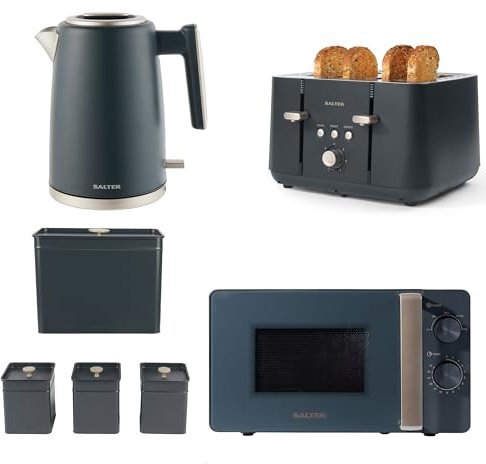 Salter COMBO-8851A Marino 6 Piece Breakfast & Cooking Countertop Set - 1.7L Fast Boil Kettle, 4 Slice Toaster, 20L Manual Microwave, Carbon Steel Bread Bin & 3 Storage Canisters for Tea/Coffee/Sugar