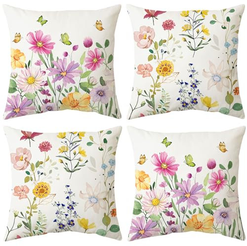 Bestash Kissenbezug 45x45 4er Set Kissenbezüge Samtkissen Kissenbezug Modern Zierkissen Sofakissen Dekokissen für Wohnzimmer Sofa Schlafzimmer(Bunte Blumen)
