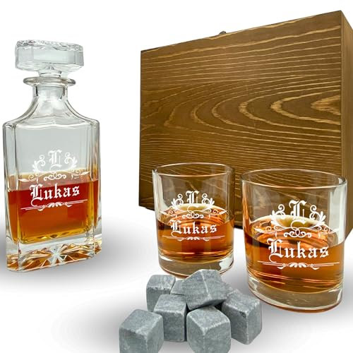Whisky Geschenk Set mit Monogramm und Name Karaffe 700 ml und Gläser mit Gravur personalisiert Whiskey Glas Dekanter