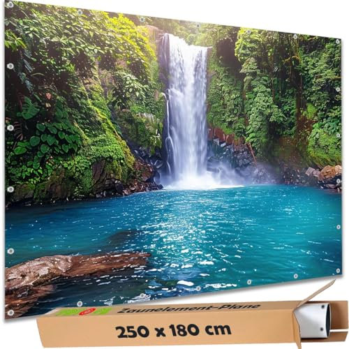 TRIOSK Sichtschutz Garten Deko Zaun Plane Blickdicht groß mit Zaunblende Motiv Wasserfall Costa Rica Natur für Zaunelement Doppelstabmatten Stabmattenzaun Gartenzaun PVC 250x180 cm