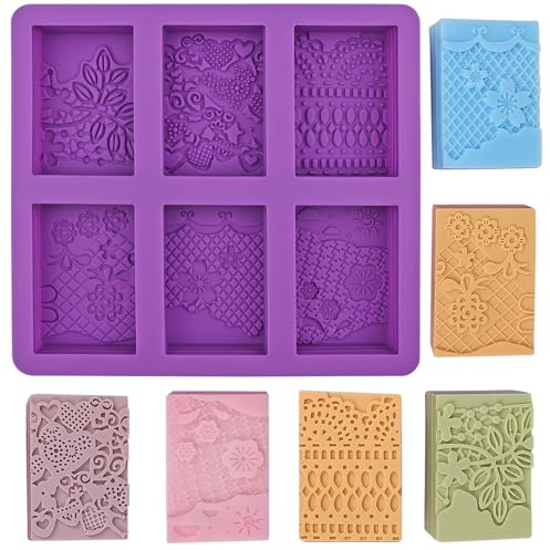 BFJ Silicone Rectangular Soap Mould 6 Cavities Purple Flower 1pcs for Homemade Craft Lotion Soap Bar Mould, Cake Mold, Ice Cube (Size 8 x 5.5cm)