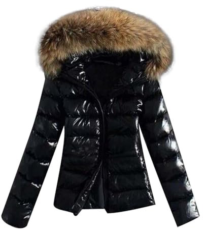 Puffer Jacke Damen, Glänzende Schwarze Daunenjacke Damen Kurz Steppjacke - Warm Daunenmantel Mit Pelzkragen Mantel Winter Warmer Steppmantel Fleece Gefüttert Puffer Jacke Frauen Parka