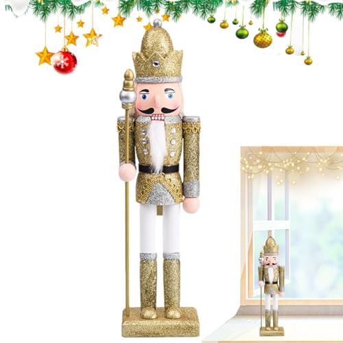 Wooden Nutcracker Soldier - 30cm/12inch Glitter Figurines, Gold Silver Nutcracker Decoration | Holiday Display, Christmas Tabletop Ornaments, Festive Nutcracker Figures, Soldier Statues for Home