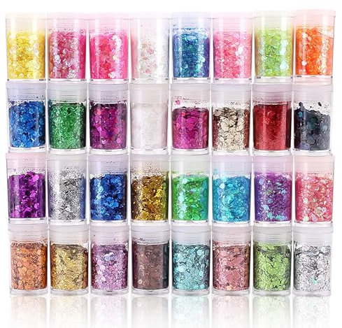 32 Stück Bastel Glitzer Set DIY Glitzerpulver zum Basteln Klobige Pailletten Glitzer Basteln für Epoxidharz Dekoration, Nagelkunst, Körper, Augen, Masquerade, Karten, Papier