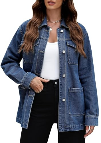 Fengbay Jeansjacke Damen mit Verstellbarem Gürtel Langarm Oversized Jeans Jacken mit Tasche