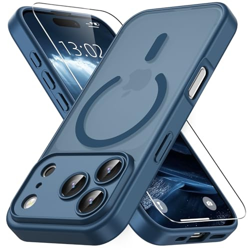 Vansdon Funda Magnética para iPhone 17 Pro MAX-Azul Oscuro | 1 Cristal Templado, Compatible con Magsafe, Protección contra caídas de Grado Militar, Carcasa translúcida Mate Ultrafina