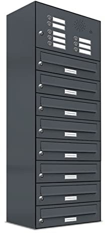 AL Briefkastensysteme 8er Briefkastenanlage mit Klingel Anthrazit Grau RAL 7016, Premium Briefkasten DIN A4, 8 Fach Postkasten modern Aufputz