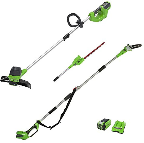 Greenworks tagliabordi a batteria G40LT, potatore a batteria e tagliasiepi telescopico 2in1 G40PSH, Li-Ion 40V taglio 30cm 7000giri/min asta telescopica 240cm, batteria 2Ah e caricatore