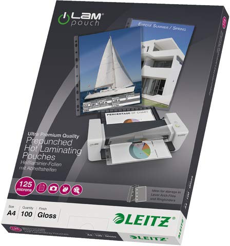 LEITZ® Laminiertasche, Eurolochung, A4, 216 x 303 mm, 0,125 mm, farblos (100 Stück), Sie erhalten 1 Packung á 100 Stück