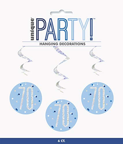 Hängende Wirbel-Geburtstagsdekorationen - 81 cm - Glitzer Blau & Silber 70. Geburtstag - 6er-Packung
