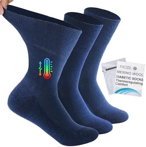 Facool Diabetic Socks for Men Women, Merino Wool Non-Binding Top Crew Socks with Cushion Sole, Seamless Toe 3 Pairs