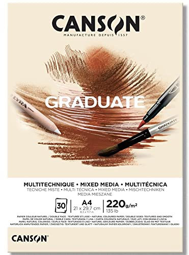 CANSON Graduate, Mixed Media Papier, zweiseitig: gekörnt und glatt, 220 g/m², an der kurzen Seite geleimter Block, DIN A4 21x29,7 cm, Natur, 30 Blatt