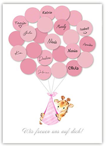 Pandawal Babyparty Mädchen Gästebuch Baby Shower Set Alternative Giraffe (Rosa) Gastgeschenk Taufe Pullerparty Erinnerungsstück/Andenken beschreibbar/Fingerabdruck