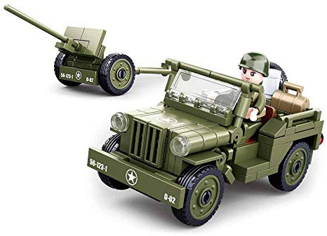 Sluban Klemmbausteine WWII - All. Jeep mit Feldhaubitze [M38-B0853], Spielset, Klemmbausteine, Soldaten, mit Spielfigur, Army WWII, bunt, SL95713