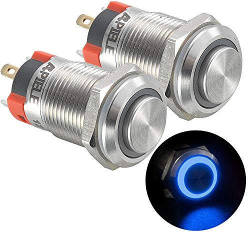 APIELE 2 Stücke 12MM Verriegelung Druckschalter 12V, Edelstahl Hervorstehend mit LED Ringbeleuchtung wasserdicht Latch Drucktastenschalter, Auto RV LKW Boot EIN/AUS Taste Schalter (blau)