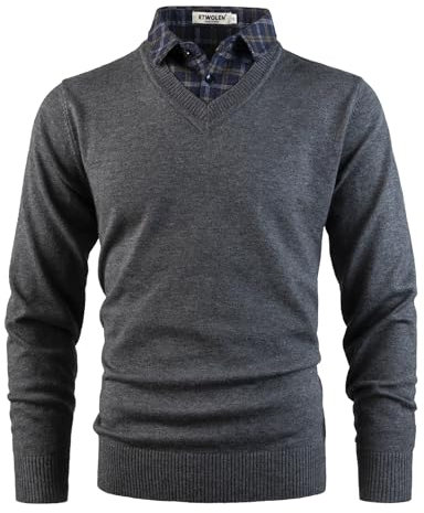 KTWOLEN Uomo 2 in 1 Maglioni con Collo a Camicia Maglione con Scollo a V Pullover a Maglia Manica Lunga Maglioncino con Collo a Camicia, Carbone, L