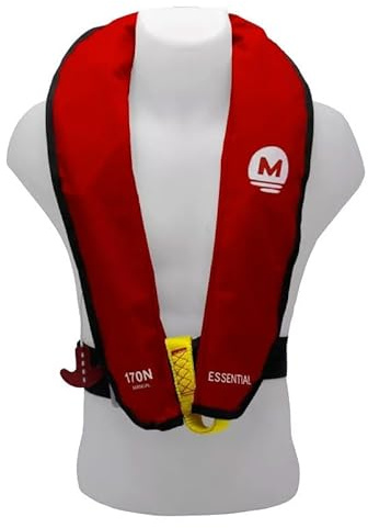 Gilet di salvataggio gonfiabile manuale 170 N Essential – senza imbracature, sicurezza marina ISO 12402‑3 – fischio & D‑Ring – riarmabile – comfort e visibilità (rosso)