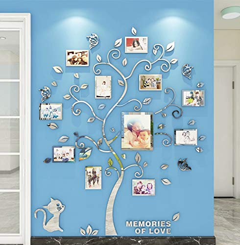 3D Tree Wall Stickers DIY Large Family Photo Frames Tree Cat Wall Decal Art Murals Tree Sticker for Living Room Bedroom Restaurant Home Decor(Silver,L: 175 * 144cm)