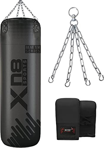 XN8 Punch Bag for Boxing Training - 4ft 5ft UNFILLED Heavy Bags with Boxing Mitts & Hanging Chain - Ideal for Kickboxing Muay Thai Punching Grappling Martial Arts MMA