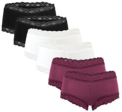Fabio Farini - 6 Stück Damen Hipster Baumwoll Unterhosen Frauen Höschen Slips Panties Unterwäsche mit Spitze Sets Pack - Hotpants Brazilian mehrpack 2X Schwarz/2x Weiß/2x Beere 38