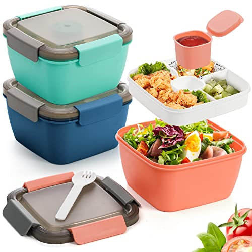 YOUEON 3 Stück 1500 ml Salat-Lunch-Behälter zum Mitnehmen mit 3 Fächern, Btragbarer Salatbehälter mit Löffel, Dressing-Tasse für Mittagessen, Salatbeilagen, Snacks, Obst, 3 Farben