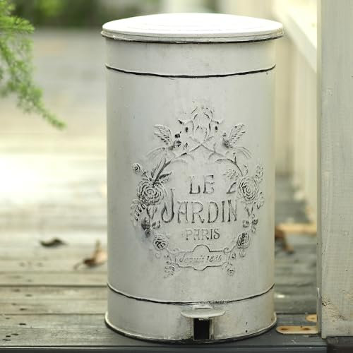 All Chic Cubo de basura de metal blanco hecho a mano con pedal Le Jardin, aspecto vintage, único y elegante