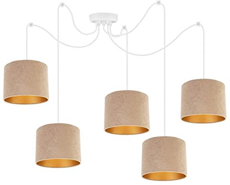 Light-Home Milan Spider Hängelampe - Hängeleuchte in Spinnenform - Deckenlampe – Spinne Lampe mit 5 Kopf - Hängeleuchte aus Metall und Stoff - E27 - Beige und Gold - Weißes Kabel