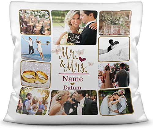 PR Print Royal Fotokissen als Geschenk zum Hochzeitstag - Mr.& Mrs. - mit Kissenfüllung - personalisierbar mit Fotos, Name und Datum - mit Reißverschluss, Kissen weiß seidig-glatt, 40 x 40 cm
