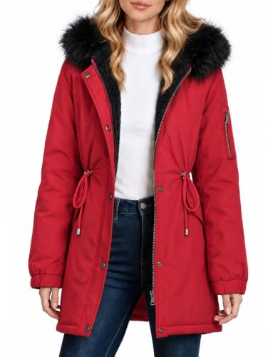Tuopuda Winterjacke Damen Lang Wintermantel Warm Winter Jacke mit Kapuze Reißverschluss Parka Fleece Gefüttert Mantel Langarm Hooded Jacket Schwarz Kapuzenjacke