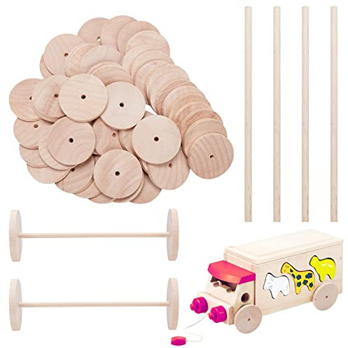 OLYCRAFT 26 Sätze 50mm Holzräder-Set Zum Basteln 52 Stück Unfertige Holzräder Mit 26 Stück Holzstäben Rund Holzscheiben Satz Holzscheiben Für DIY Zeugautos Holzbastelprojekte Kunsthandwerk