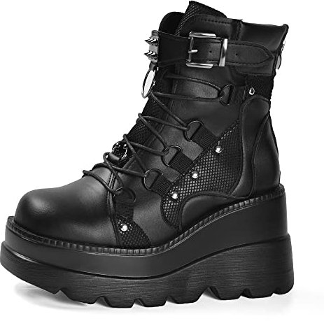 Gothniero Goth Plateau-Stiefel, schwarz, Gothic, klobiger Absatz, Stiefel für Damen, Kampfstiefeletten, Keilstiefel, mit seitlichem Reißverschluss, Schnürung, Größe 36-42, schwarz 1, 41 EU