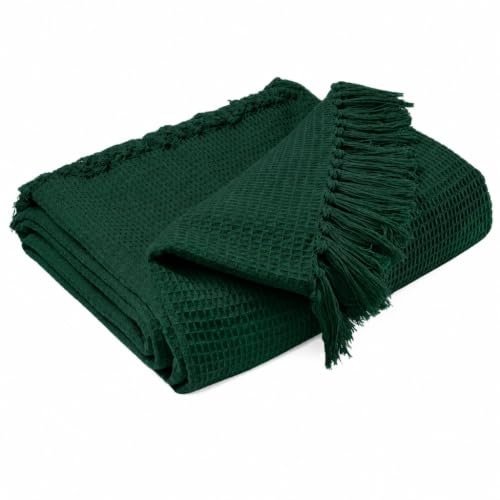 EHC Waffle Cotton Woven Giant Sofa Throw 4 Seater Sofa/King Size Bed 250 x 280 cm, Dark Green
