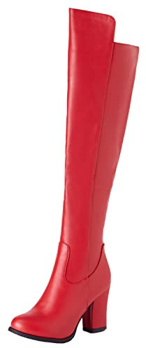 Lroey Reoly Stivali da Donna con Tacco a Blocco Sopra Il Ginocchio Stivali Invernali con Tacco Alto Punta Tonda Stivali Lunghi con Zip Rosso Numero 42 EU