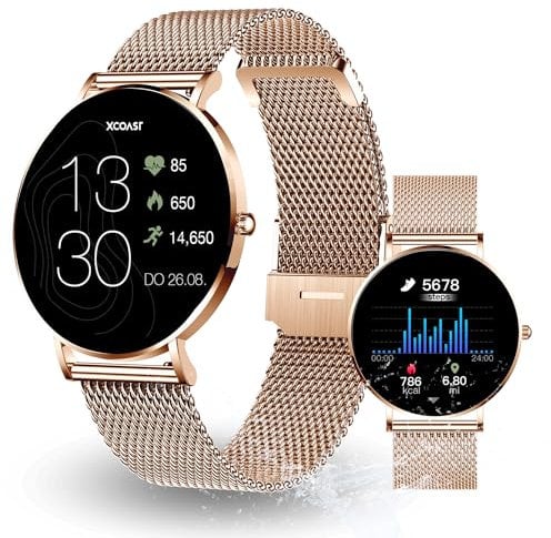 Ultraflache Damen Smartwatch SIONA 2, 1.3 AMOLED Display, Brillante Farben, filgran, Puls, Blutdruck, Blutsauerstoff, Edelstahl, 7 Tage Akku, wasserdicht