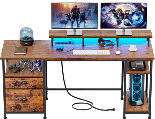 Furologee Bureau d'ordinateur de 155 cm avec prise de courant et lumières LED, bureau avec tiroir d'armoire en tissu, grande table réversible avec étagères et support de moniteur, table d'étude pour