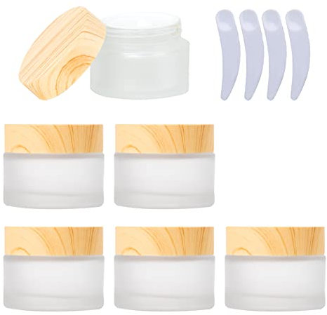 LusDoly Pack of 6, 50 g Empty Frosted Glass Cream Jar Cosmetic Containers, 50ml Round pot with Plastic Lid and Inner Liners For Travel DIY Refillable Cosmetic Storage