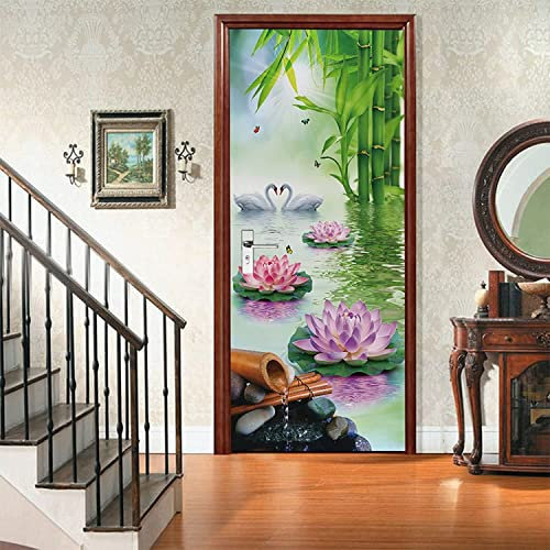 Stickers Porte Poster Vert Bambou Lotus Cygne Zen Méditation 90 X 200 Cm 3D Papier Peint Porte Trompe L'Oeil Pour Salon Chambre Décoration De La Maison Stickers Muraux Imperméable Stickers Amovibles
