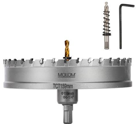 Mollom (159mm | 6-1/4) Scie cloche en carbure pour usage intensif avec 2 forets pilotes, coupe l'acier inoxydable, l'acier doux, le fer, le cuivre, le laiton et le plastique