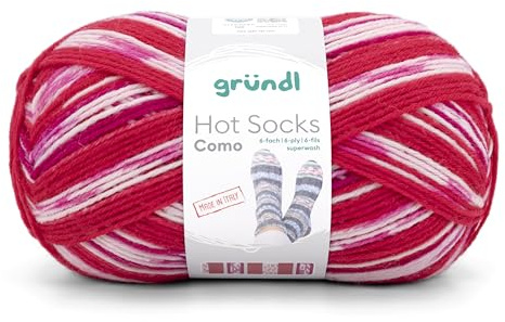 Gründl Wolle Hot Socks Como 6-fach 1 Knäuel 150 g, Himbeere-weiß | Sockenwolle für 1 Paar Socken - Sockengarn - 75% Schurwolle, 25% Polyamid - 100 g / 420 m - Nadelstärke 2,5 - 3