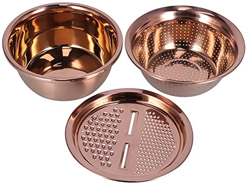 Stainless Steel Basin with Grater, Multifunctional Drain Basket, Vegetable Graters, Salad Maker Bowl for Kitchen Tool(Rose Gold)