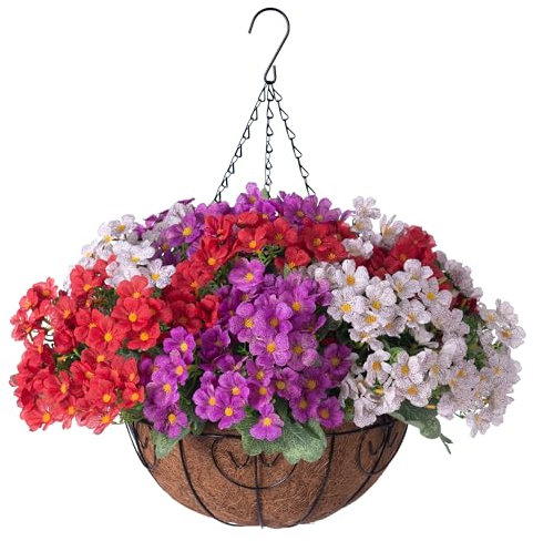 Ammyoo Flores artificiales en cesta colgante para decoración de jardín interior y exterior, maceta con forro de coco con planta sintética, margaritas con hojas de eucalipto para decoración del hogar