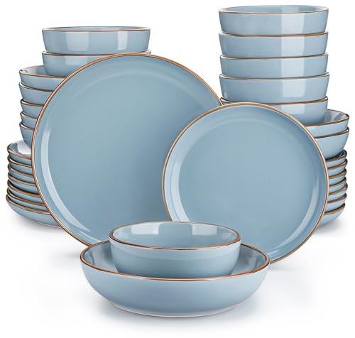vancasso NYMPH Servizio Piatti Da 32 Pezzi, Servizio da Tavola con Bordo Marrone Design in Gres, 8 Piatti Piani, 8 Piatti Dessert, 8 Piatti Fondi e 8 Ciotole Cereali, Blu