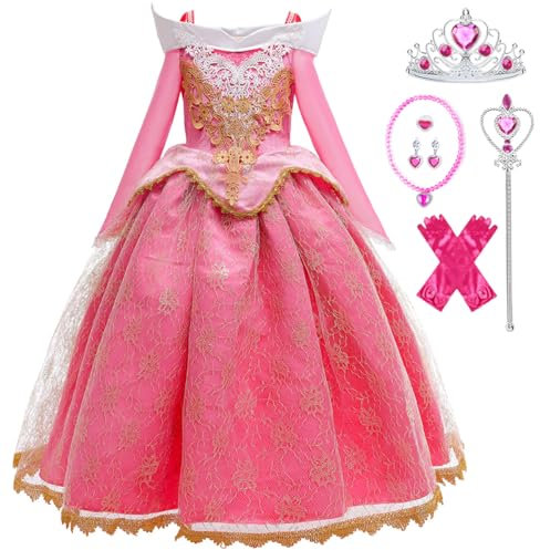 Snyemio Costume Principessa Aurora Bambina Vestito Bella Addormentata Rosa Bimba con Accessori da Festa Natale Halloween Carnevale