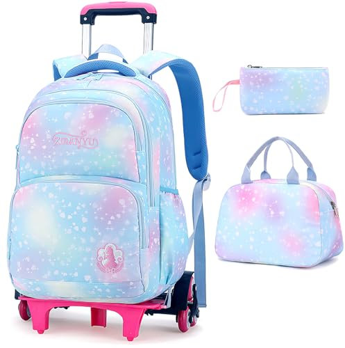 Voici et Voila 3PCS Schulrucksack Rollen Mädchen Trolley Rucksack mit Rollen Mädchen Teenager Schultasche Grundschule Rollen Backpack Teens Girl Blau 32X18X45cm