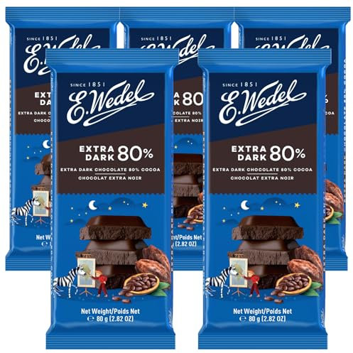 E.Wedel Chocolate Bars Extra Dark Chocolate 80%, Pack of 5 x 80g, Made in Poland, Dark ChocolateBars Multipack, Cocoa from Ghana