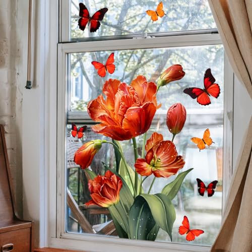 Yeysynana Frühlingsblumen-Fensteraufkleber für Glasfenster, abnehmbar, doppelseitig, rot, Blumen-Schmetterling, Fensteraufkleber für Schlafzimmer, Wohnzimmer, Zuhause, Büro, Fenster, Glas,